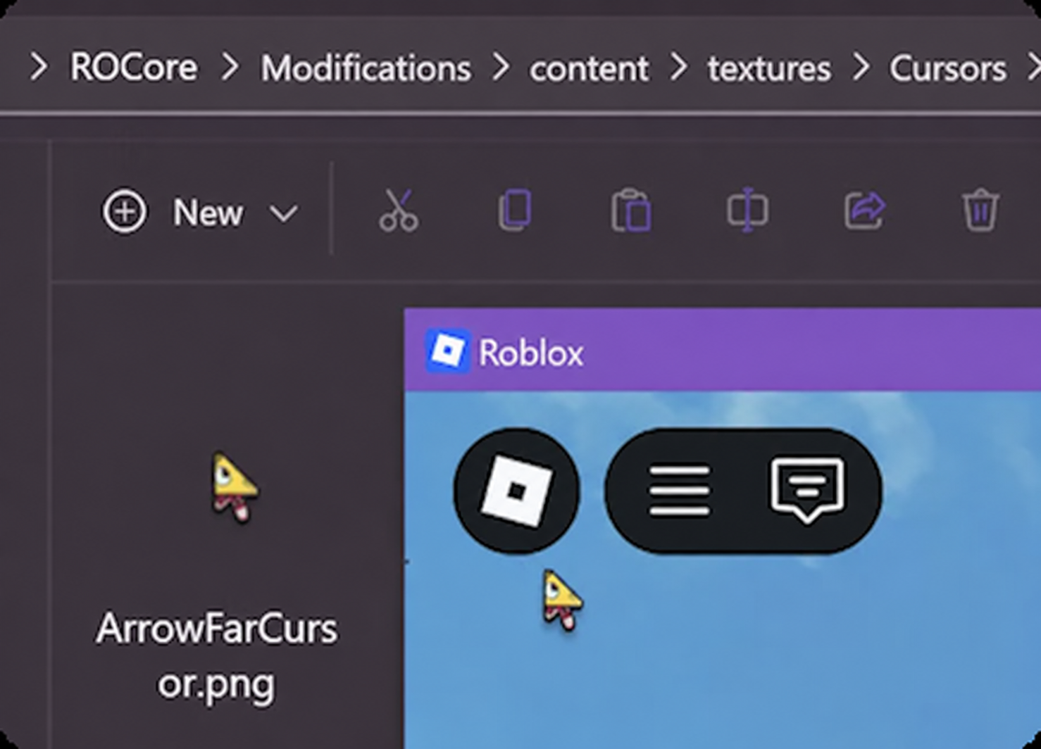 Screenshot showing how ROCore can be used to replace the Roblox mouse cursor